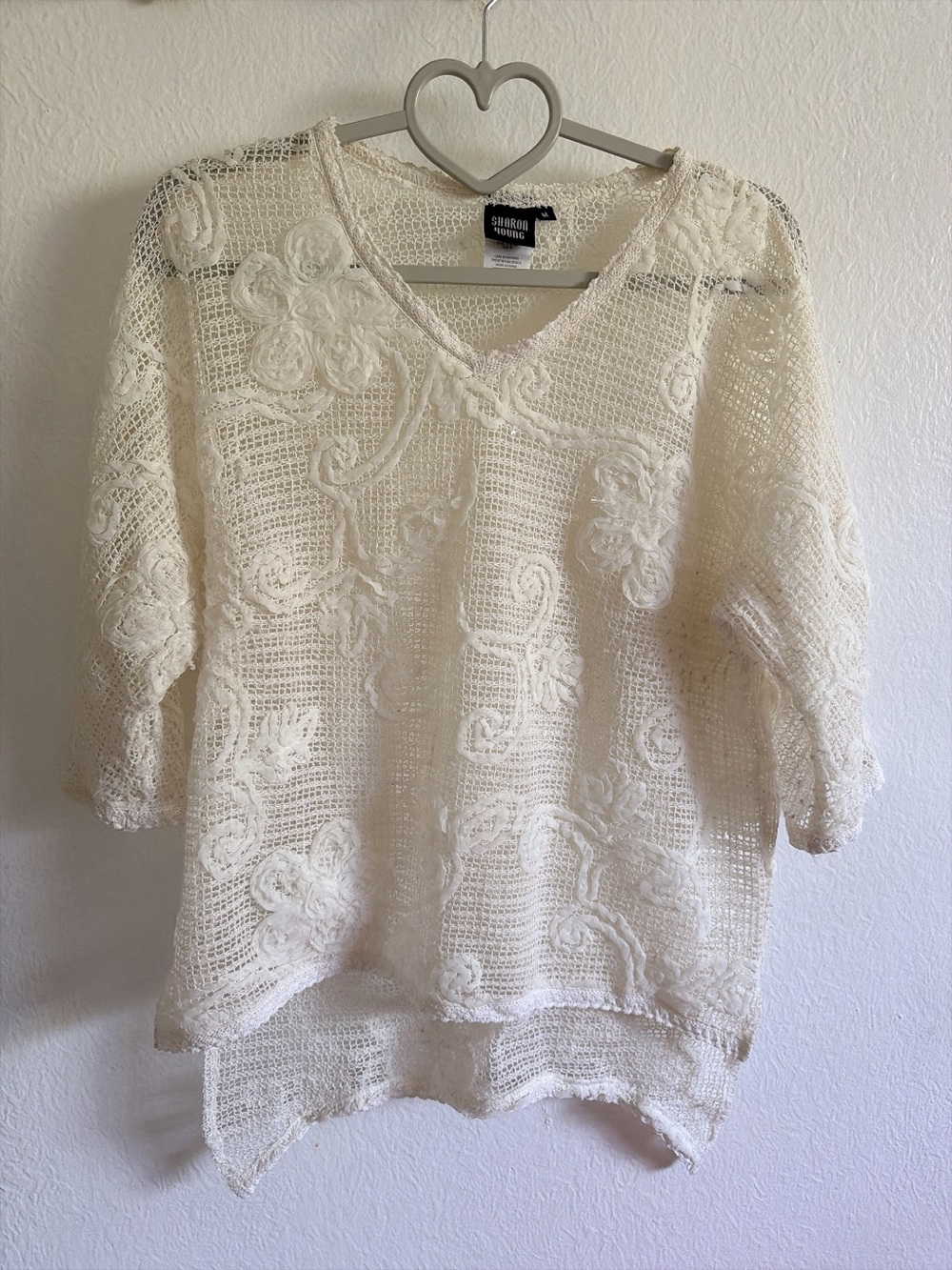 Sharon Young Ivory Crochet Lace V-Neck Pullover Sweater
